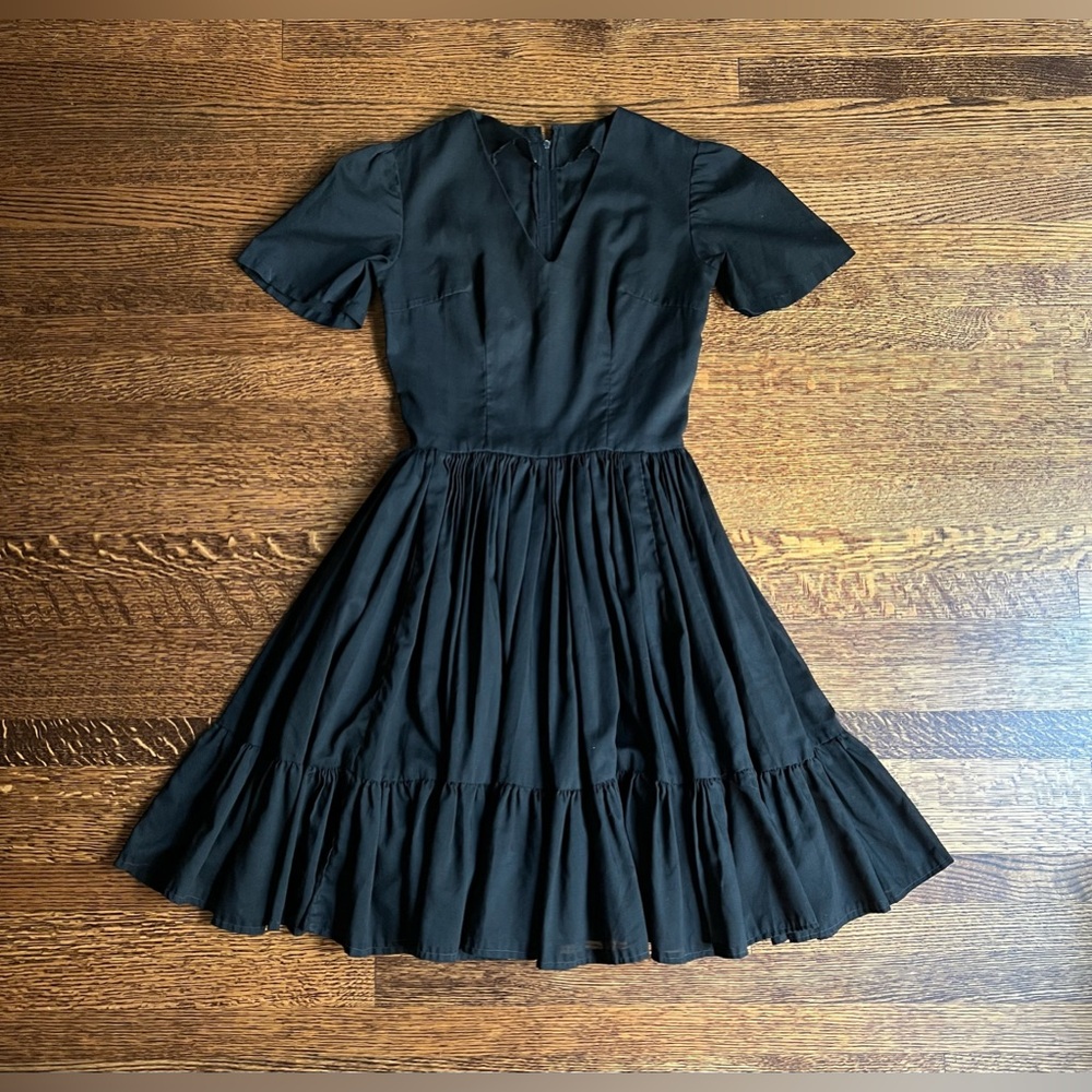Handmade Cotton Swing Dress, Black Ruffled Fit and Flare Cottagecore Dress - Picture 3 of 10